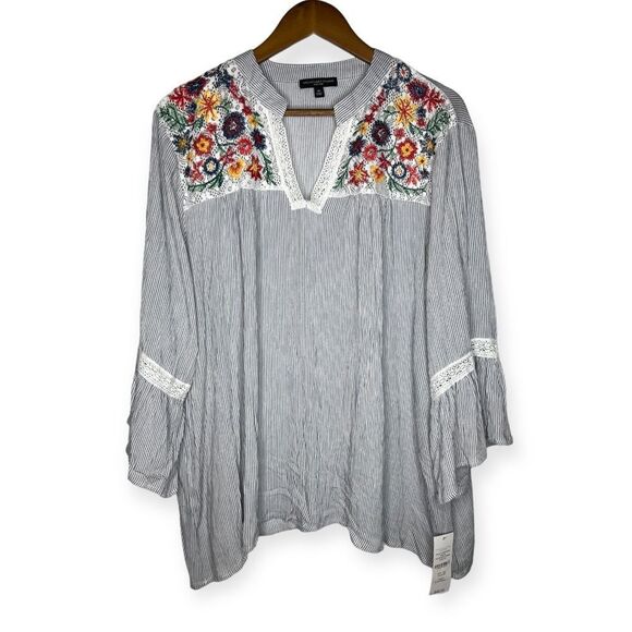 Signature Studio Tops - NWT Signature Studio Boho Floral Embroidered Lace Inlay Blouse Tunic Stripes 2X